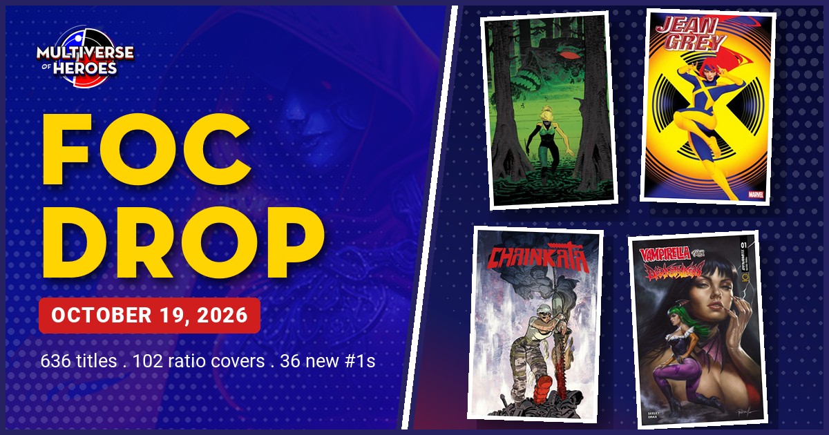 Comic book cover grid for the October 19, 2026 FOC Drop featuring 36 new #1 issues and 102 ratio incentive covers.