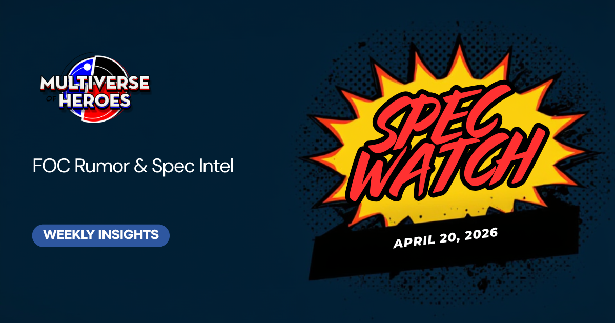 Comic book covers and price guides spread across a desk with magnifying glass, showing market analysis trends