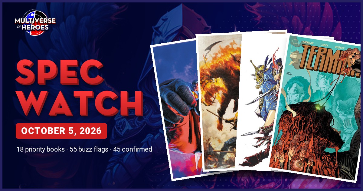 Spec Watch cover for October 5, 2026, highlighting 18 priority comic books and 55 buzz flags.