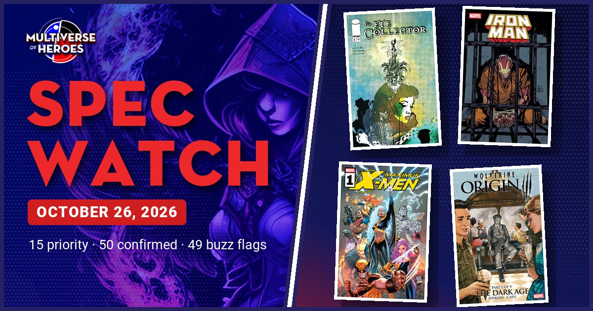 Comic book cover grid for the October 26, 2026 Spec Watch, featuring 15 priority and 50 confirmed books.