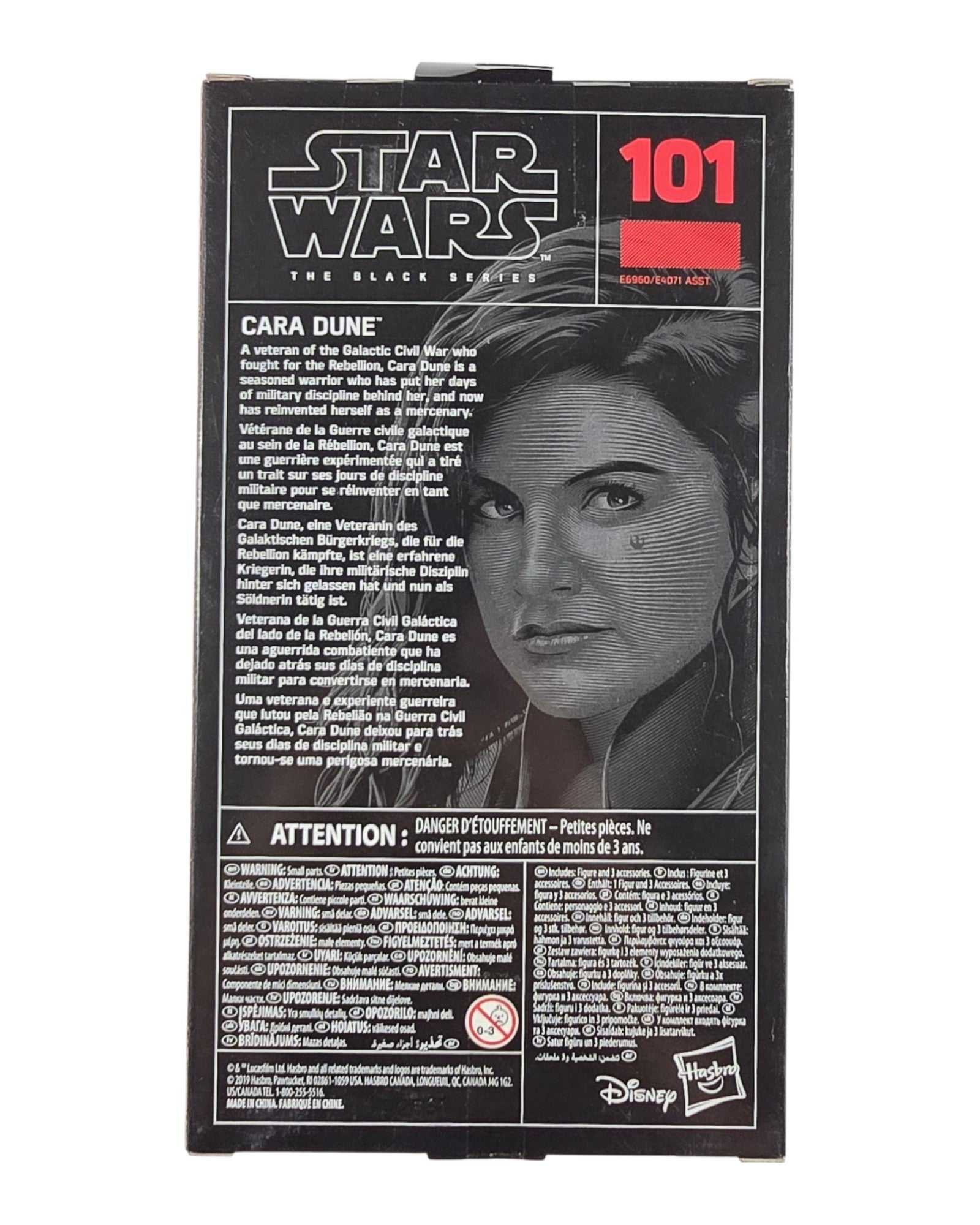 Star Wars Black Series #101 Cara Dune ERROR Mispack, Jyn Erso Inside, Hasbro '19 — back of package