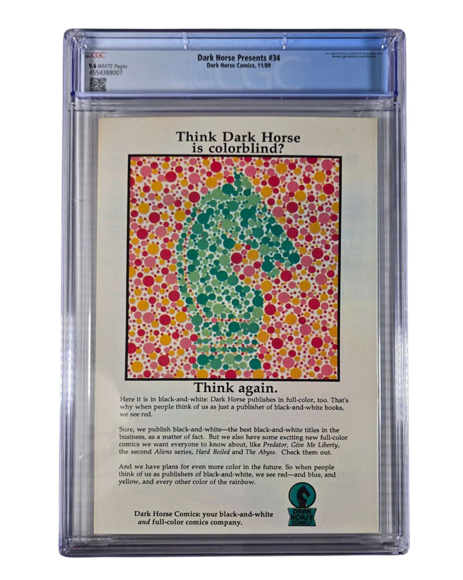 Dark Horse Presents Vol. 1 #34, Chris Warner Cover, CGC 9.6 (07), Dark Horse '89 — back of package
