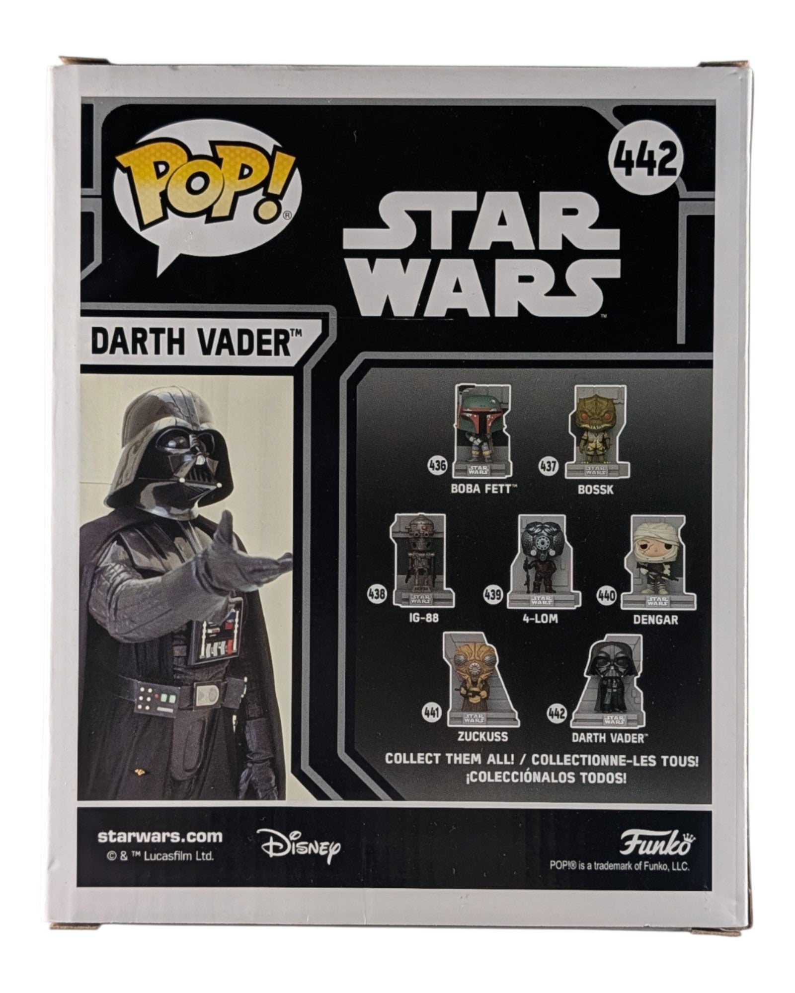 Star Wars Pop! #442 Darth Vader, GameStop Excl., Funko '21 — back of package