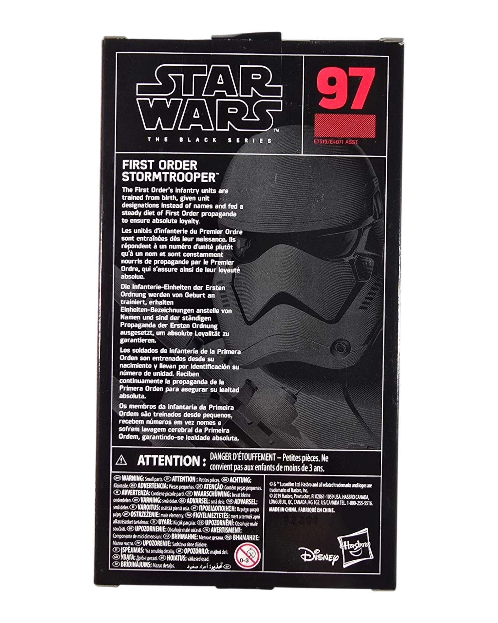 Star Wars The Black Series #97 First Order Stormtrooper, Hasbro '19 — back of package