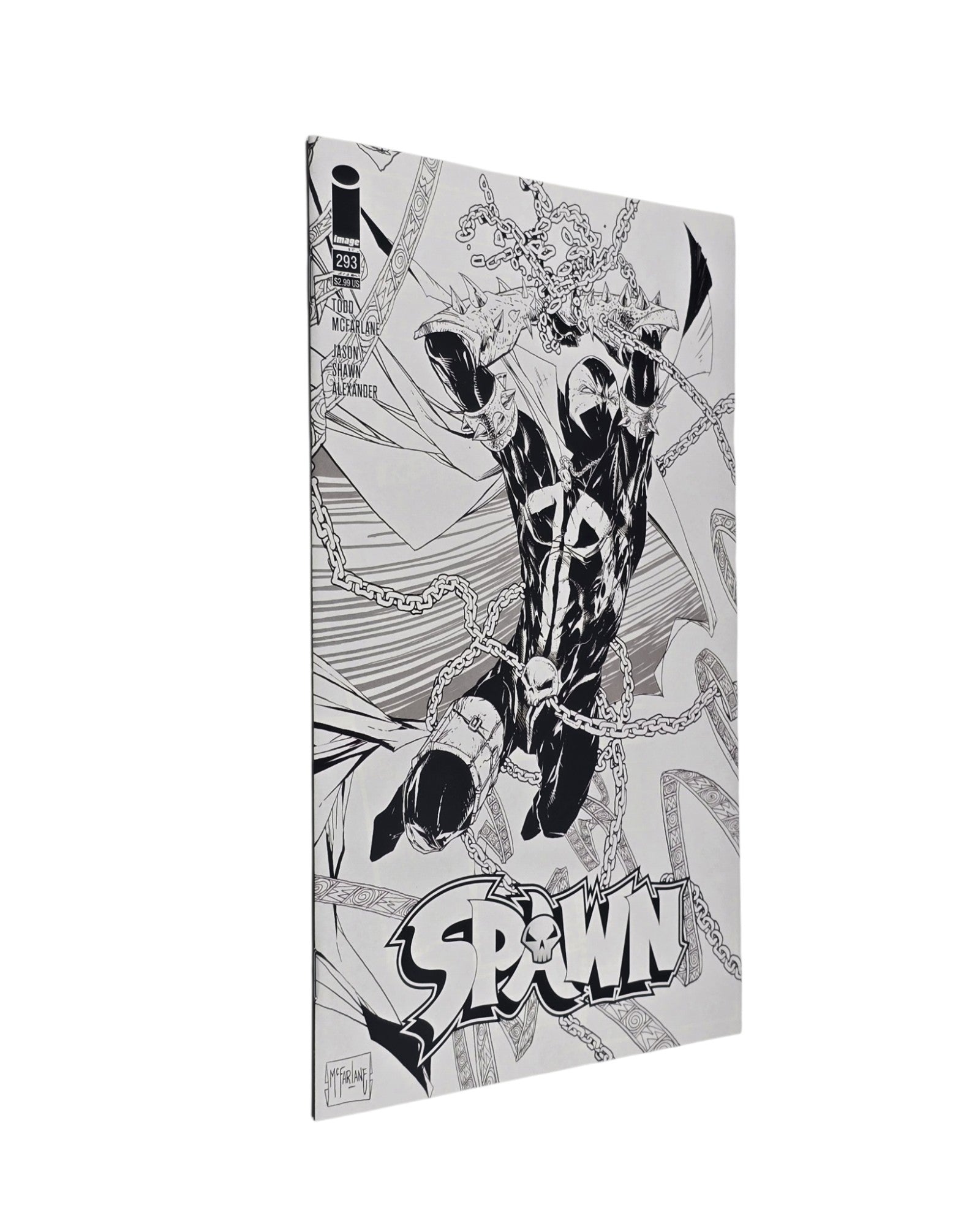 Spawn #293D, McFarlane & Mattina B&W Cover, Image '19 — front cover, spine edge
