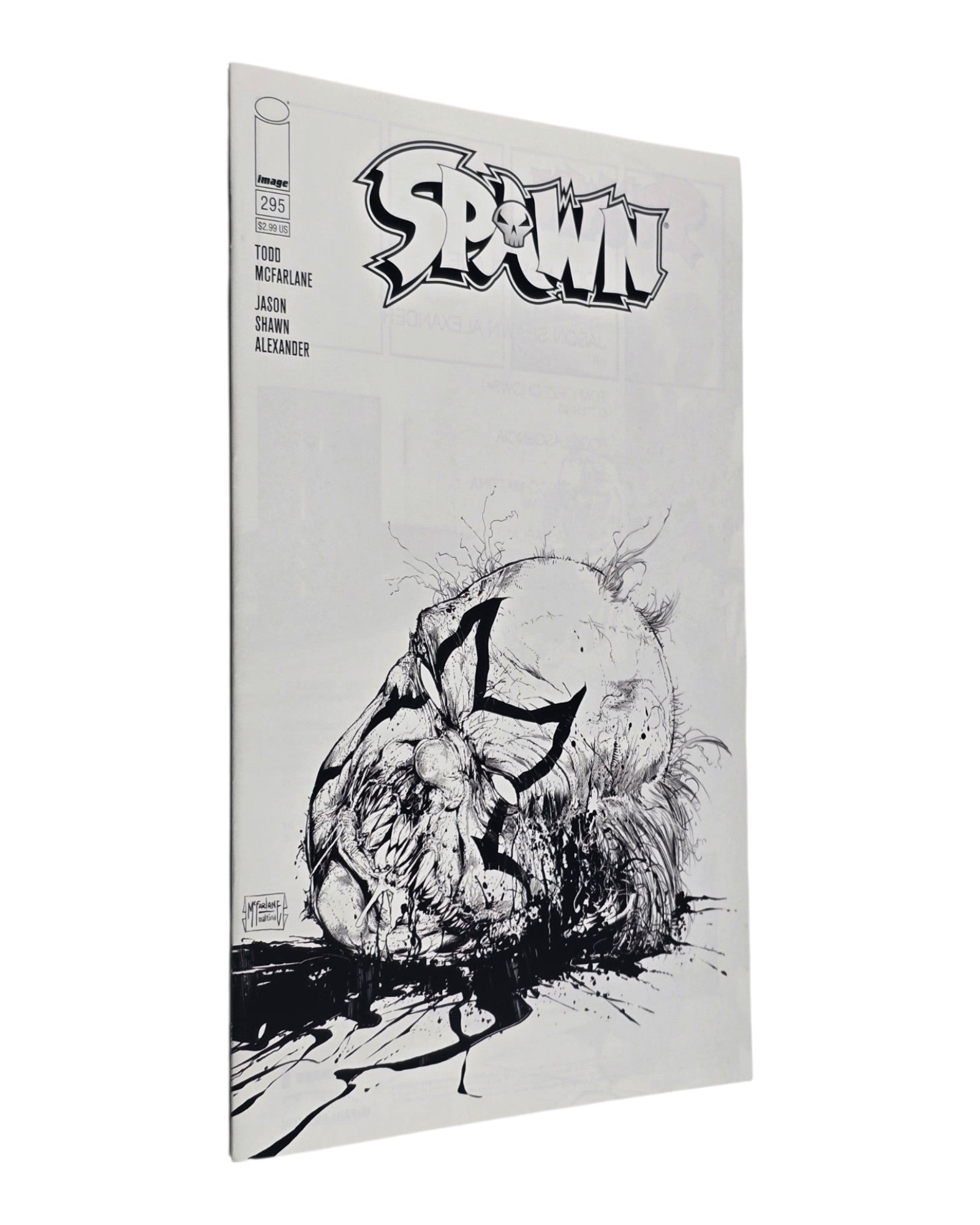 Spawn #295C, Todd McFarlane & Mattina B&W Variant, Image '19 — front cover, spine edge