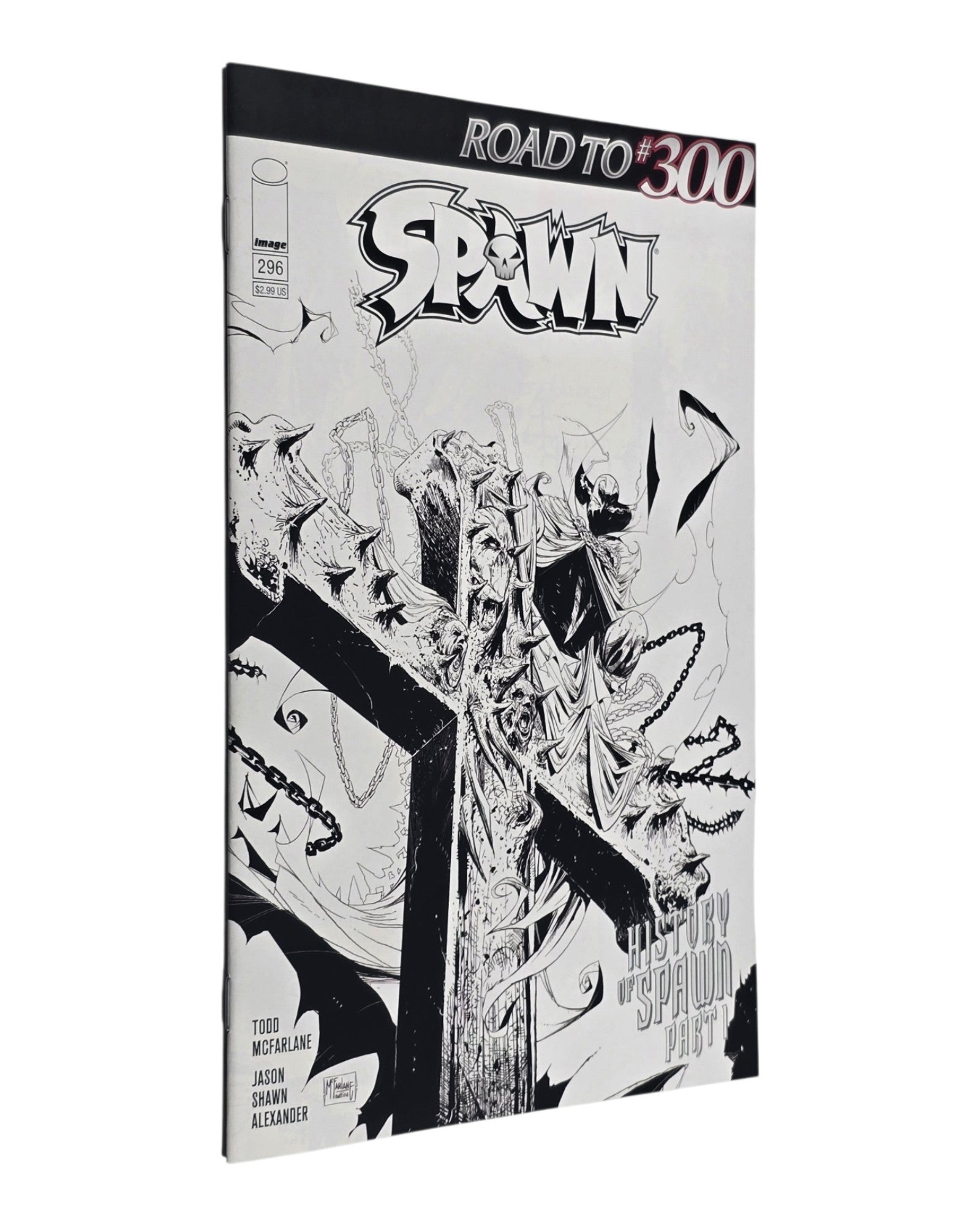 Spawn #296C, McFarlane & Mattina Black & White Cover, Image '19 — front cover, spine edge