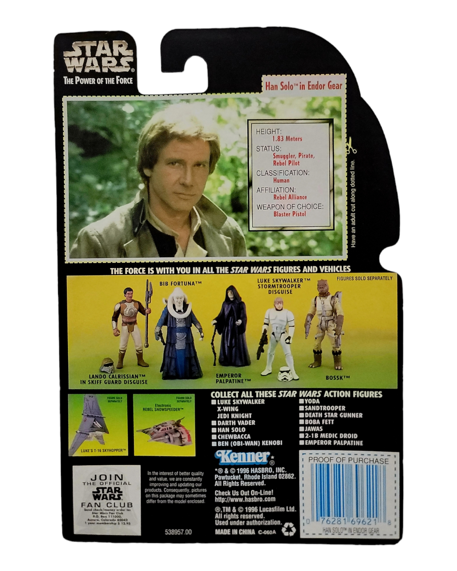 Star Wars POTF2 Han Solo, Endor (Blue Pants Variant), Holofoil Card, Kenner '96