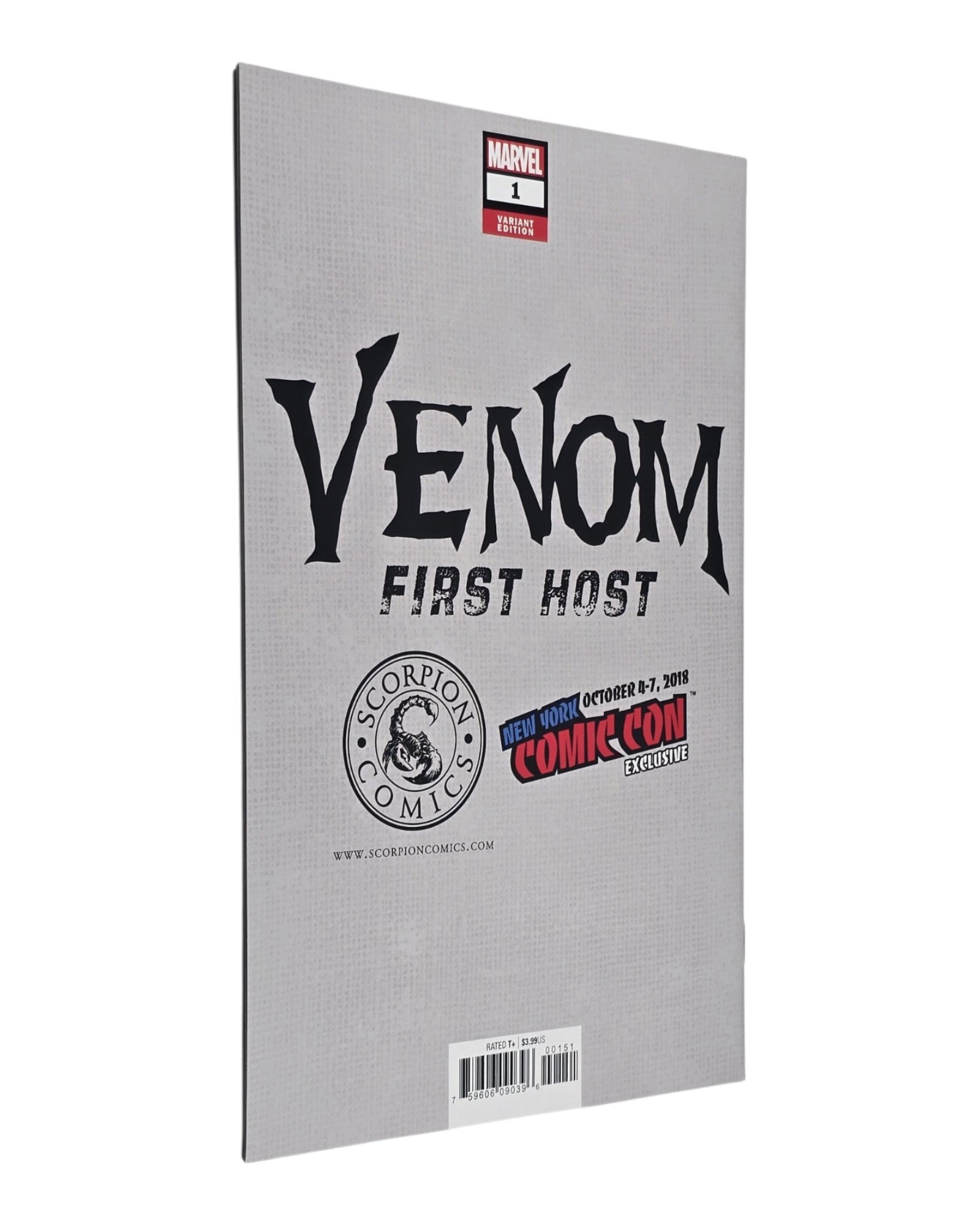 Venom: First Host #1, Scorpion Comics NYCC Excl, Crain, Marvel '18 — back cover, fore edge