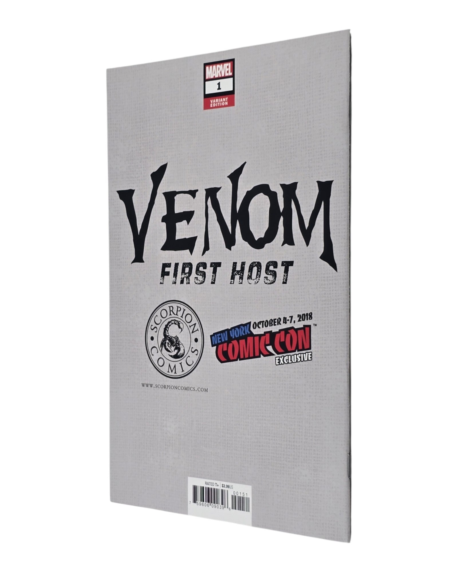 Venom: First Host #1, Scorpion Comics NYCC Excl, Crain, Marvel '18 — back cover, spine edge