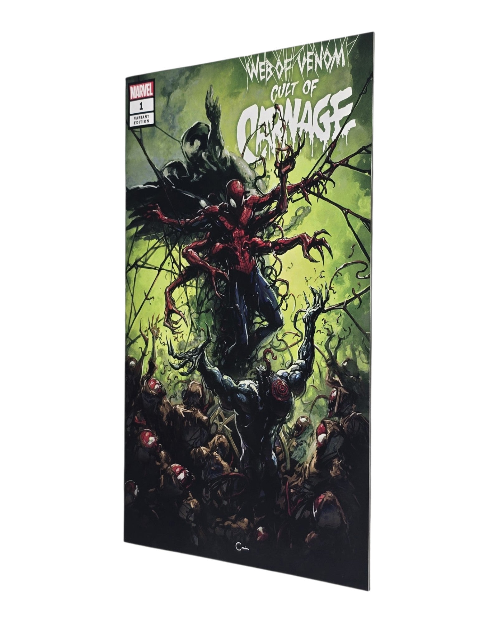 Web of Venom: Cult of Carnage #1, Scorpion Excl, Clayton Crain, Marvel '19 — front cover, fore edge